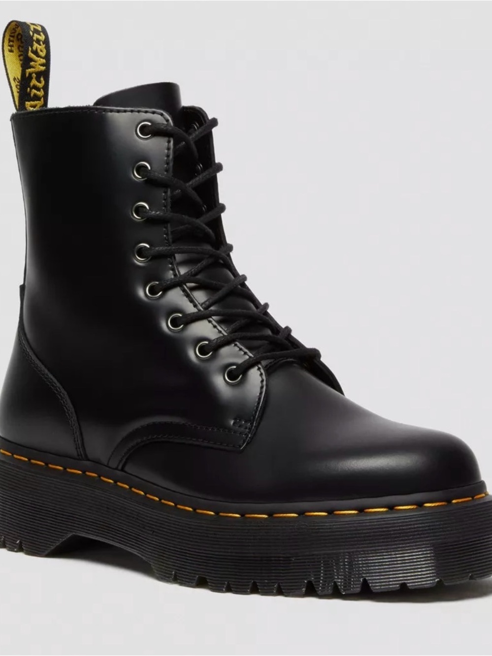 Dr. Martens Black Leather Lace-Up Platform Boot with Yellow Stitching